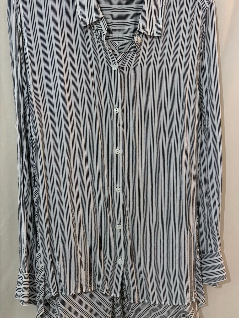 Women’s Black and White Vertical Stripe Button-Up Tunic Shirt